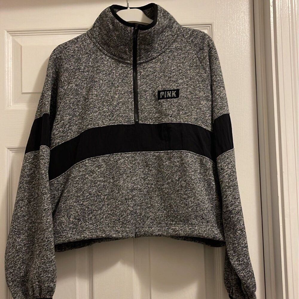 Marled Knit Cropped Half Zip Fleece Pullover Colorblock Sweatshirt M PINK VS